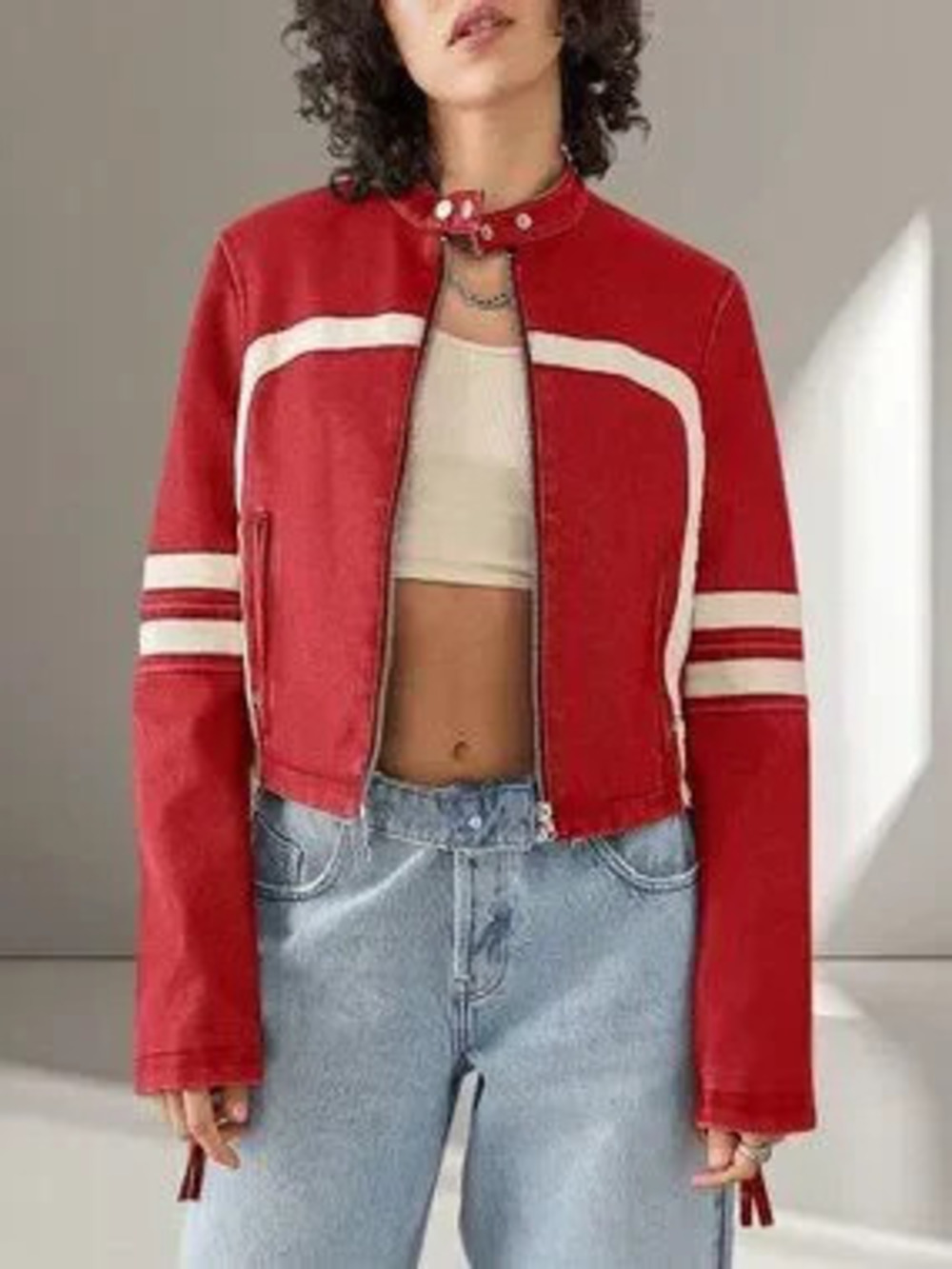 Red Casual Women's Zip Up Stand Collar Cropped Faux Leather Jacket